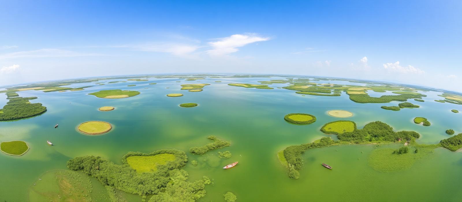Lac Tchad vu du ciel, îlots verts et pirogues