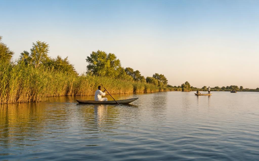 Le fleuve Chari à N’Djaména, berges verdoyantes et pirogues traditionnelles