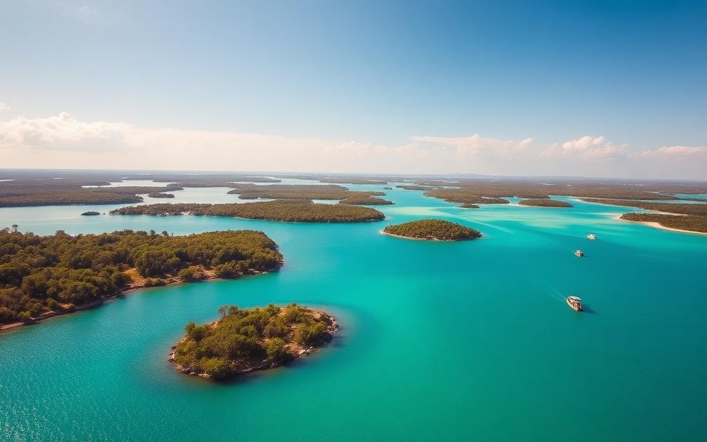 Le lac Tchad vu du ciel, eaux bleu-vert et îlots de végétation