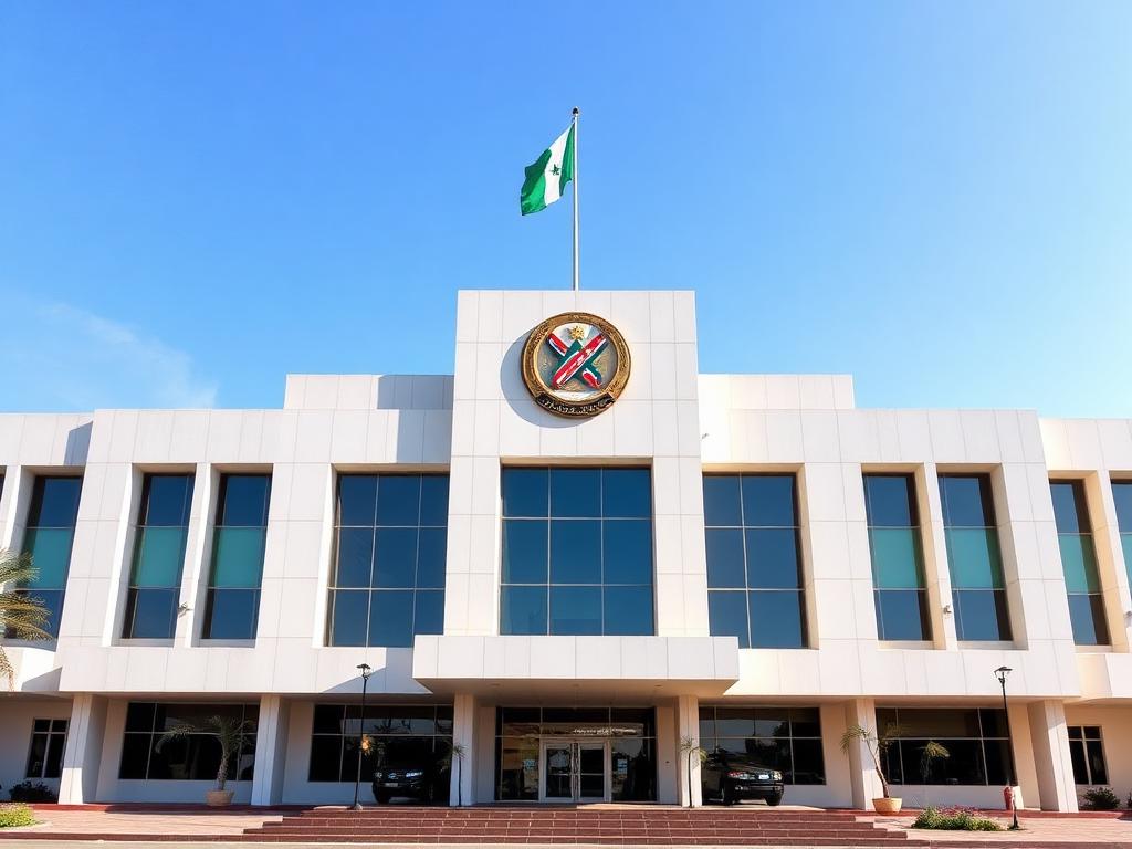 Bâtiment institutionnel moderne à N'Djaména avec drapeau tchadien