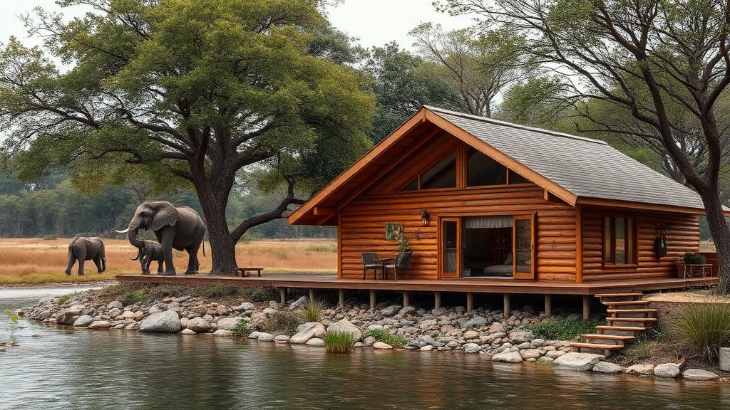 Lodge en bois au bord d'une rivière, éléphants en fond