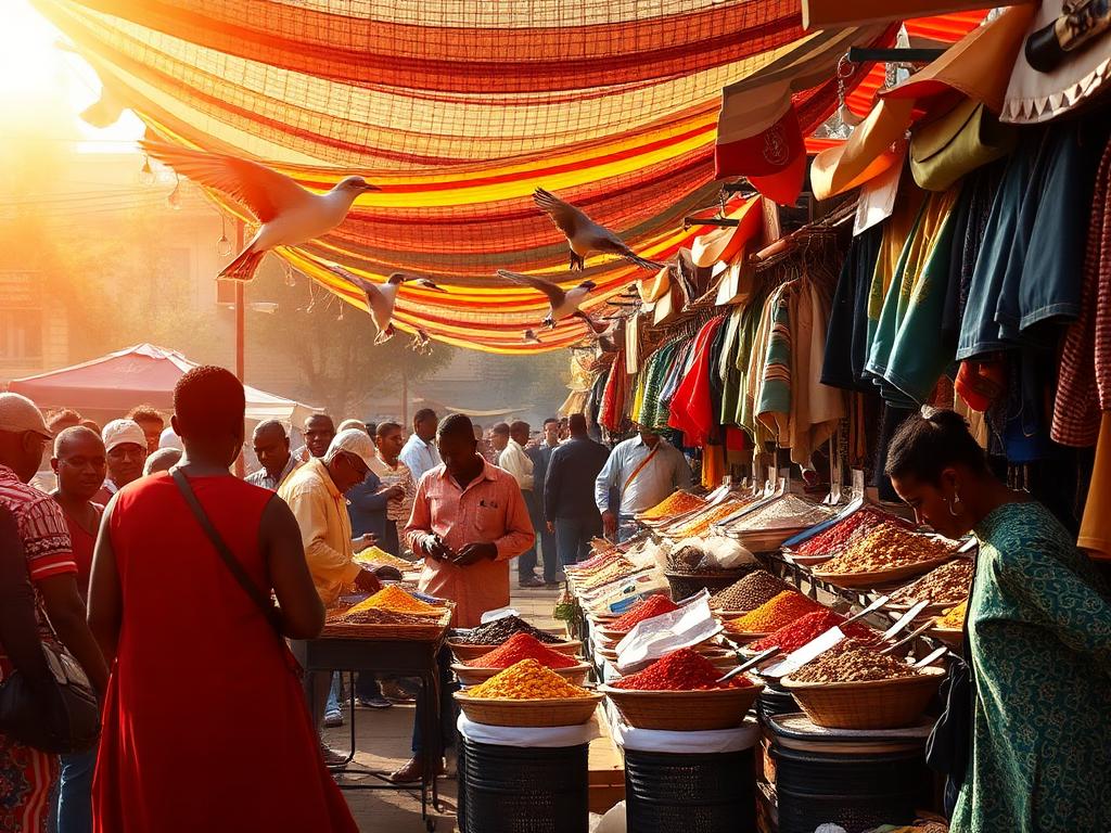 Grand marché de N’Djaména, étals de tissus colorés et d’épices