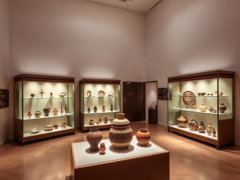 Musée national du Tchad à N’Djaména, vitrines d’objets traditionnels et poteries Sao