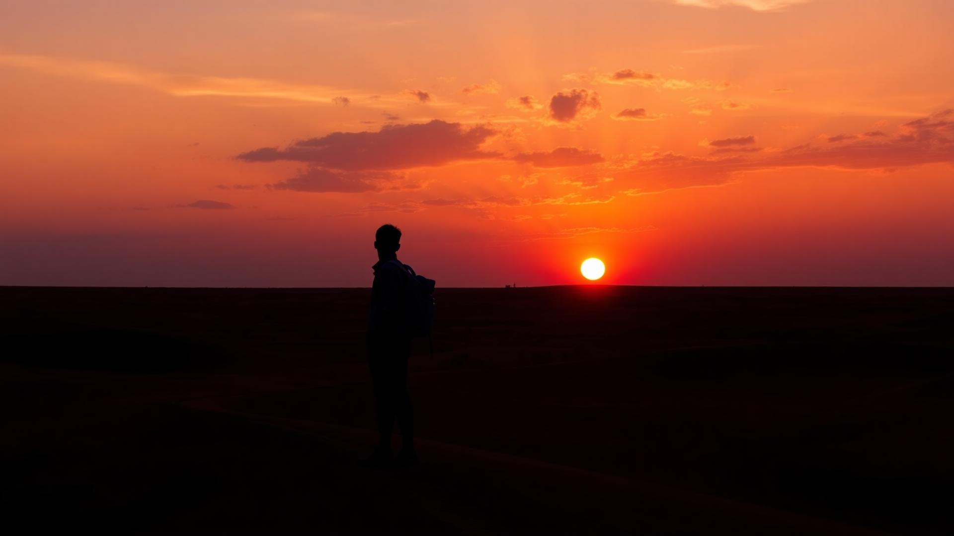 Coucher de soleil sur le désert tchadien, silhouette d'un voyageur avec sac à dos
