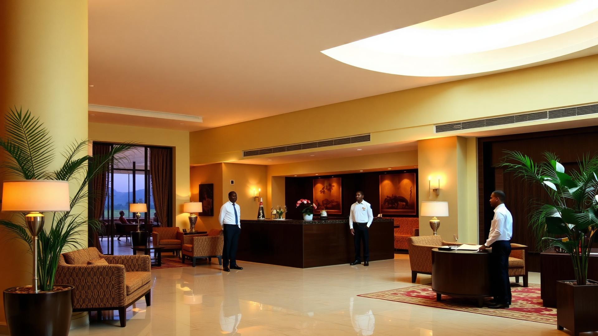 Hall d'un hôtel moderne à N'Djaména, décor contemporain aux accents africains