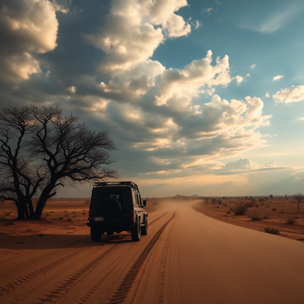 Piste de latérite dans la savane tchadienne avec un 4x4