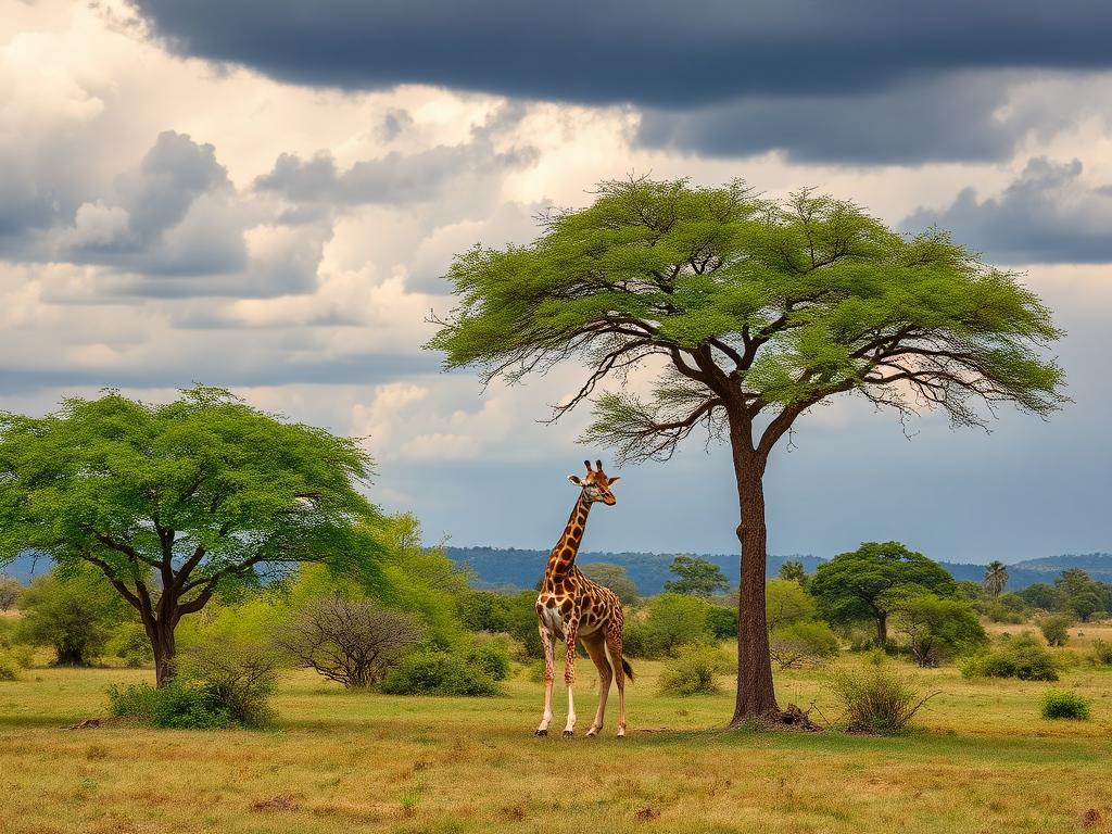 Girafe sous un acacia dans le parc national de Zakouma
